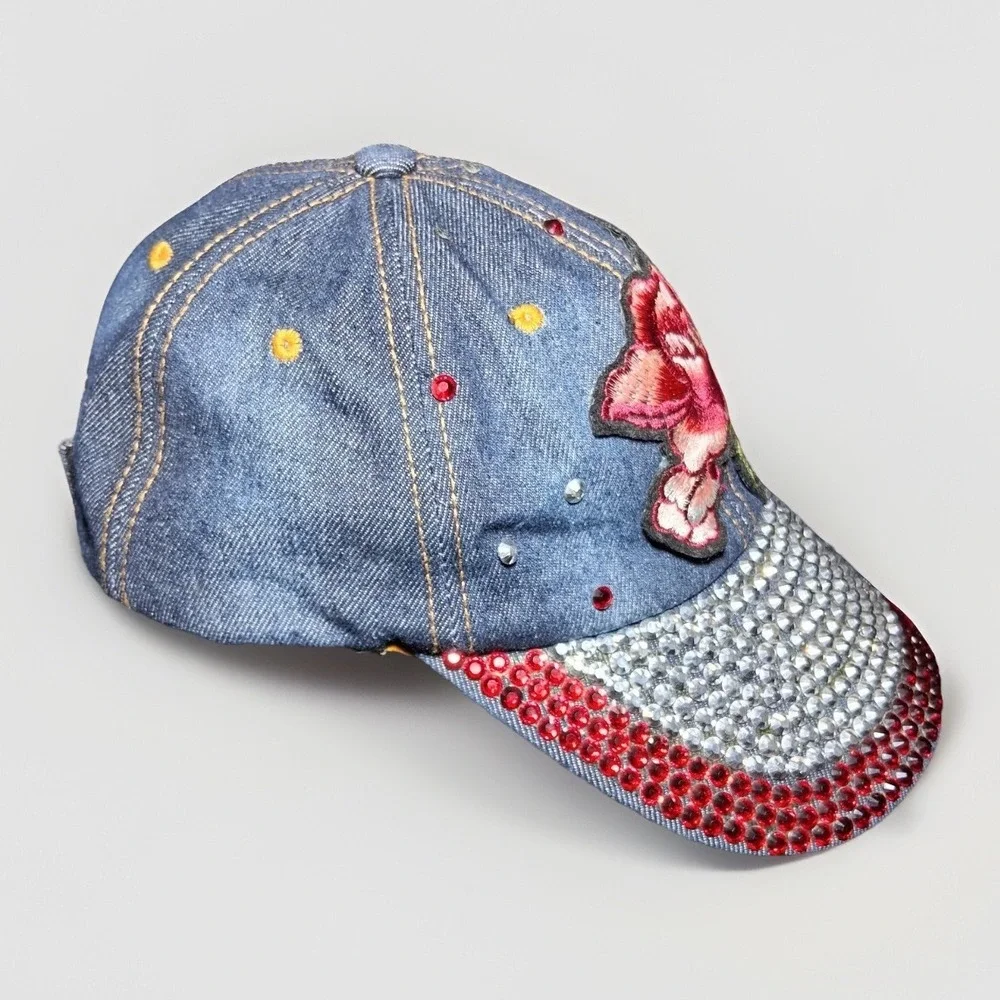 Floral Embroidered Denim Baseball Cap Rhinestone Bling Rose Blue Red Hat